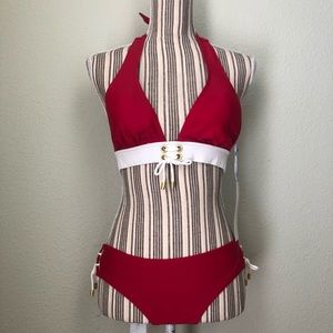 J.Y. Rays NWT Red and White Bikini Gold Halter S